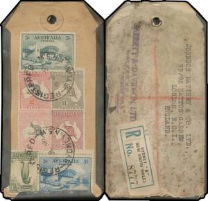 1932 complete parcel tag in lead sheath with extraordinary and exceptional franking of Kangaroos Third Watermark &pound;1 grey & Small Multiple Watermark 2/- 10/- & &pound;2 plus 1/- Large Lyrebird & Sydney Harbour Bridge 5/- green (small surface blemish at upper-rig