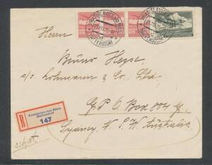 1935 & 1938 commercial airmail covers to Melbourne 1) from Czechosolvakia with 'VRATISLAVICE NAD NISON/ MEFFERSDORF' cds & registration label; & 2) from Lithuania with 13 stamps tied to the reverse by 'KAUNAS centr' cds. Lovely pair. (2)