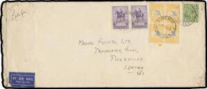 1935-37 long linen-lined commercial airmail covers to London with remarkable frankings being multiples of the 1/6d per &frac12;oz airmail rate + 1d late fee 1) 24/- comprising Silver Jubilee 2/- pair & Roos 5/- block of 4 (two unots damaged before being affixed)