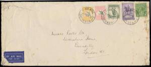 1935-37 ditto, with Large Lyrebird 1/-, Silver Jubilee 2/- and Roos 5/- & 10/- dark grey & "aniline" pink BW #50E (small concealed tear at upper-right, Cat $1250 used; unpriced on cover) + KGV 1d for the late fee, all tied by 'AIR MAIL/ 3 25JE35 3 /SYDNEY