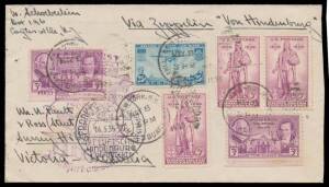 1936 philatelic cover from New York USA to Victoria "Via Zeppelin Von Hindenburg" with Times Square cancels & large Lakehuirst Zeppelin cachet in purple at left, Melbourne arrival b/s of 30MY36. Very scarce. [Rodney Perry's commercial cover from the same 