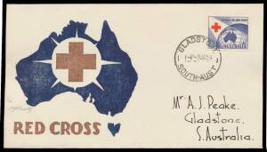 1954-55 Jack Peake woodcut illustrated covers with 1954 Red Cross (#7 & 21/37), WA Stamp Centenary (# 9 17 18 & 29/45), Railways (3), 1955 Cobb & Co (4), YMCA (3) and USA Memorial (3) cancelled on the appropriate dates at Gladstone or Nailsworth, half are