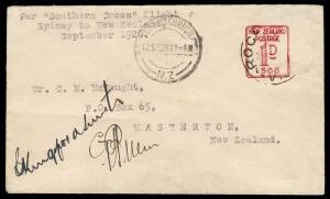 1928 (Sep 10) Australia-New Zealand per "Southern Cross" AAMC #124, on arrival the Australian stamp peeled-off! & New Zealand 1d meter applied with Christchurch cds alongside, signed "CKingsford Smith" and "CTP Ulm", Cat $5500. This was the first official