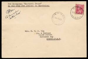 1928 (Oct 13) New Zealand-Australia cover per "Southern Cross" AAMC #126 signed and endorsed "CTP Ulm/Co-Commander/Southern Cross", 'BLENHEIM' departure cds & Richmond (NSW) arrival b/s, Cat:$4250. Ex Ernie Crome & Nelson Eustis: acquired at the Leski auc