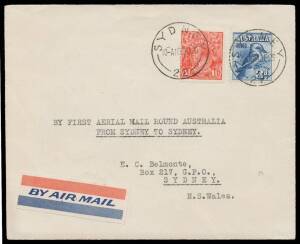 1929 (June 10) Sydney-Sydney "Round Australia" flight per Les Holden in "Canberra" AAMC #139a, transit b/s of Cunnamulla & Charleville (Qld), 'WAVE HILL/NT' & superb Wyndham (WA), Cat $600. Superb! Only 12 covers flown: this is the cover illustrated in th