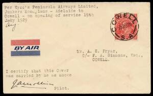 1929 (Aug 19) Adelaide-Cowell inaugural flight for Eyre Peninsula Airways, signed by "JA Mollison", Cat $600. Only 6 covers were carried on this stage.