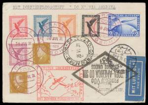 1931 plain postcard with message headed "Hotel Rose/Davos/Switzerland/7th Nov 1930" with message "Just a line to greet you per the flying boat via America..." & with typed "Mit Dornierflugschiff Do X via Amerika", German stamps including Airs 1mk & Sudame