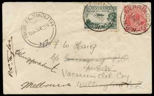 1933 (Jan 11) Sydney-New Zealand second trans-Tasman flight AAMC #296 with typed endorsement on the flap, 'GERRINGONG/NSW' cds & 'NEW PLYMOUTH' arrival cds, minor blemishes, signed by "CKingsford Smith" & "PG Taylor", Cat $1750. Only 10 covers flown.