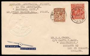 1933 (9 Oct) England-Australia for Lord Apsley in "Faithful City" AAMC.#334, signed on the reverse by the pilot "PW Lynch-Blosse"; and the return flight #343, Cat $1050+. Only 10 & 12 covers flown respectively. (2)