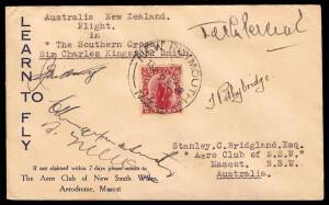 1934 (Jan 13) Third Trans-Tasman flight per "Southern Cross" AAMC #350, signed by "C Kingsford Smith", "T Pethybridge", "J Percival", "S Neilsen" & one other, NZ 1d with New Plymouth cds for the return flight to NSW, Cat $650.