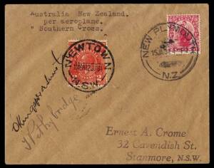 1934 ditto, Ernie Crome cover with KGV 2d & 'NEWTOWN/NSW' cds & NZ 1d tied by New Plymouth cds, signed by "C Kingsford Smith " & "T Pethybridge", Cat $650.