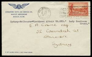 1934 (Aug 23) Sydney-Melbourne per Kingsford Smith in "Lady Southern Cross" in the record time of 2 hours 11 minutes AAMC #398, Cat $1000. A very small unofficial mail was carried. [Kingsford Smith had entered "Lady Southern Cross" in the MacRobertson Air