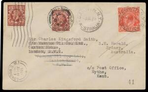 1935 (Oct 3) Darwin-England per B Shiel who handed the covers to Charles Kingsford Smith for return to Australia, carried by Kingsford Smith & Tommy Pethybridge to Italy where bad weather caused them to abort & return to England AAMC #545, reposted 5/11/1