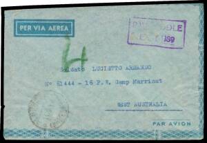 WORLD WAR II: c.1941 stampless Italian airmail envelope with poor 'ALBERESE' cds (Tuscany) to an Italian POW at "Camp Marrinut" [sic], boxed 'PW MIDDLE/EAST 189' cachet in violet & 'PRISONERS OF WAR CENSORSHIP, MIDDLE EAST' label on the reverse, minor ble
