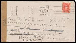 WORLD WAR II: 1944 cover from Sydney to Brisbane, three times redirected finally to the (US) "Fleet PO" with tiny 'THIS COMMUNICATION/REFERRED TO DISTRICT POSTAL/CENSOR BY US CUSTOMS' h/s & 'US ARMY POSTAL SERVICE/JUL/8/1944/ 501 /APO' b/s used at Headqua