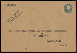 ENVELOPES - STAMPED TO ORDER: 1960 5d light blue as BW #ES98 but 227x155mm with printed 'OHMS' & 'PRINTED MATTER/(Post Card Only)' at upper-left & address of the NSW Water Conservation & Irrigation Commission, unused. A most unusual size; most unusual Pri
