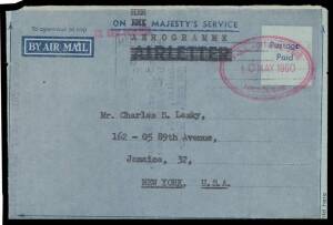 AEROGRAMMES - OFFICIAL: 1952 'AIRLETTER' very late usage in 1960 with typed obliterations of 'HIS' and 'AIRLETTER' amended to 'HER' & 'AEROGRAMME' as for BW #AO2, to the USA with scarce 'PMG - OFFICIAL PAID/MELBOURNE' d/s in rosine. A rare provisional iss