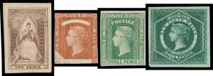 Victoria Queen on Throne 2d brown, large even margins, unused; NSW Diadems 3d & 5d imperf proof singles with full margins, 1d with blank 'POSTAGE' & 'ONE PENNY' labels & waxed corner at lower-left, Vandyke Reprints 2d blue & 8d orange blocks of 6; & a ran