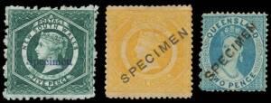 Single volume covering all Colonies, including imperforates, high values, postage dues, officials and revenues, New South Wales with 5d & 8d Diadems and Queensland 2d Chalon overprinted Specimen, Victoria with a Stamp Duty group to &pound;10, majority used, mix