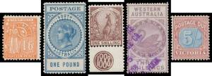A rather scrappy lot including South Australia 'POSTAGE & REVENUE' set to &pound;20 - ex &pound;5 brown - with 'SPECIMEN' Overprint, WA Lilac Swans to &pound;1 fiscally used, a few low denomination monograms etc, very mixed condition; also fine South Australia Thick 'POSTA