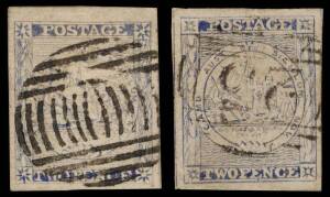 1850-51 Sydney Views Plate III (Undated Single-Lined Bale & No Dot in Stars) 2d ultramarine SG.29 and Plate V (Pearl in Fan) 2d ultramarine SG.36.. both with good to large margins, the latter with BN '23' cancel of Wollongong, Cat &pound;380.