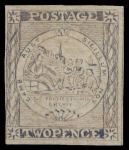 1850-51 Sydney Views Plate III (Single-Lined Bale; No Dots in Stars) 2d ultramarine SG 29, margins just clear - at lower-left - to good with outer frameline at right, a trifle soiled, unused, Cat &pound;6500.