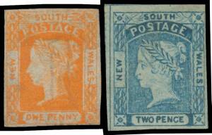1851-55 Laureates Numeral Watermark 1d orange-vermilion SG 83, margins close to good, a little soiled; & 2d Prussian blue SG 85, margins close to large with a fragment of the adjoining unit at left, both unused, Cat &pound;625.