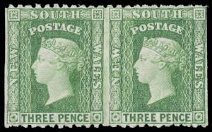1882-97 Wmk '40' 3d yellow-green Perf 11 horizontal pair Imperf Vertically SG 226da, full unmounted o.g., Cat &pound;600+ (mounted). Superb! [A similar lightly mounted pair sold at the Prestige auction of 2/10/2010 for $719]