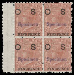 OFFICIALS: 1879-85 'NINEPENCE' on 10d brown SG O11 with 'Specimen' Overprint in blue, marginal block of 4 from the left of the right-hand pane, full unmounted o.g., Cat &pound;240++. A very scarce multiple.