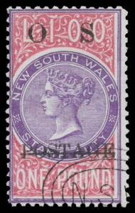 REPRINTS: QV Long Type overprinted 'POSTAGE' in Black & 'O S' (seriffed type) &pound;1 violet & claret, CTO with 'NSW'-in- concentric ovals. Scarce. Chris Ceremuga Certificate (2014) states "...only 158 believed sold". [The issued stamp SG O38 had a sans serif 