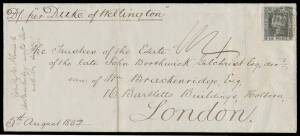 1852 (Aug 5) large-part outer to London "per Duke of Wellington" with scarce franking of Laureates 6d grey-brown/ bluish paper SG 76 (marginal example from the left of the sheet with almost full margins, just touched at right, Cat &pound;250 x2+ on cover) tied 