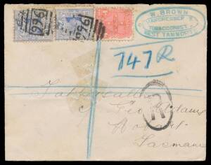 POSTMARKS: West Tamworth Barred Numeral '996' two fine to very fine strikes & fine 'WEST TAMWORTH/FE26/1901/NSW' b/s on registered Tatts cover to Hobart, tobacconist's cachet. Rated RRRRR: Hugh Freeman states "The sole recorded piece has illegible numeral
