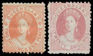1880 Lithographed High Values 2/6d dull scarlet & 20/- rose SG 121 & 127, minor imperfections, large-part o.g., Cat &pound;1650.