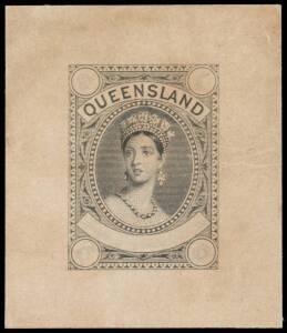 1882-95 Large Chalons master die proof with blank value tablets below the Queen's portrait & in the four corners, in black on thin card (40x46mm), insignificant residue in each of the corners suggests that value indicators may have been affixed & subseque