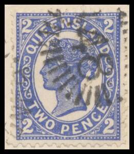 1897-1908 Four Figures 2d blue with Major Crack Vertically on Queen's Head BW #Q16d tied by Bundaberg duplex to local tobacconist's advertising cover to Hobart, two small filled spikeholes well clear of the stamp & advertising. A very rare & highly desira