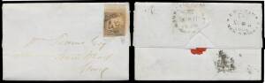 1850 entire letter headed "Franklin Vale/2 November 1850" & signed "James Laidley" to Sydney with 2d Sydney View Plate III [4, with full margins, stained by the gum used] just tied by BN '87' of Ipswich (poor b/s), unframed oval 'BRISBANE/[crown]/NO*3/185