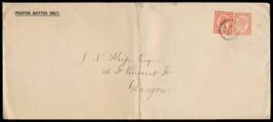 POSTAL STATIONERY: Envelopes Stamped to Order with 'MOUNT MORGAN/GOLD MINING COMPANY' embossed in blue on the flaps 1) Void Background 1d vermilion size 192x126mm with 'PRINTED MATTER ONLY' at upper-left, to London in 1896, central fold; 2) Four Corners 1