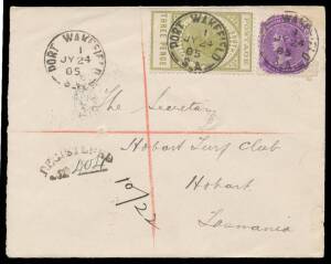 1905 Tatts cover to Hobart with 2d & Thin 'POSTAGE' 3d tied by 'PORT WAKEFIELD' cds, curved 'REGISTERED/ No...' h/s. Very attractive.