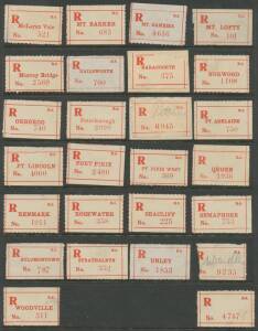 REGISTRATION LABELS: 'ADELAIDE' to 'WOODVILLE' all-different large red/white types. (49)