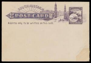 POSTAL CARDS: 1896 Postcard Design Competition postcard-size essay hand-painted in purple & China white on thick card, the stamp featuring shipping at Semaphore and Blue Lake at Mount Gambier, the heading featuring public buildings, endorsed on the revers