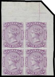 De La Rue Sideface imperforate colour trial blocks of 4 on Crown/CC gummed paper comprising 2d in green, 9d in bright purple & 10d in slate-violet, large-part o.g., lower units unmounted. (3 blocks)
