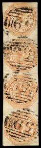 1853 Courier Plate I (Second State) 4d pale orange SG 9 vertical strip of 4 (being a complete column), remarkably with virtually full margins just touched in a couple of places, ironed-out crease across the second unit, minor thinnings, First Allocation '