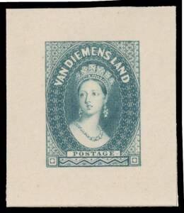 1855-70 Chalons reprinted undenominated die proofs on thin card in blue x2 different with good even margins, in a most unusual shade of grey-blue x2 different with huge margins, & in black with huge margins. (5)
