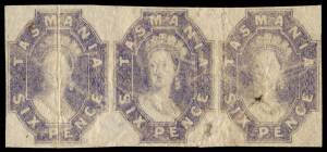 1855 Large Star 'TASMANIA' 6d dull lilac horizontal strip of 3, margins close to good, characteristic creasing & related faults but of good appearance, Cat &pound;2250+: see note after SG 18. Unissued: all examples recorded emanate from a part proof-sheet that 