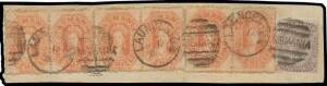 1871-91 Perforated by the Post Office Perf 11&frac12; 1/- orange-red SG 141 horizontal pair & strip of 4 (a rare multiple) plus Sideface 8d SG 158 on piece from a packet with Launceston duplex cancels, overall minor aging, Cat &pound;400+.