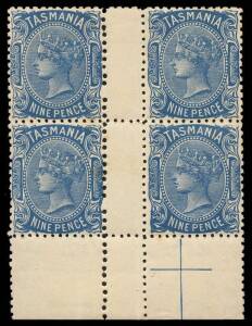 1906-07 Crown/A Sidefaces 9d blue Perf 12&frac12; gutter block of 4 from the base of the sheet, originally imperf between the left-hand units & gutter corrected with a line of Perf 12 resulting in the left-hand units being Perf 12&frac12;x12x12&frac12;x12&frac12; BW #TT71 (SG 256c),
