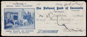 REVENUES: 1880s-1910s fascinating bundle of mostly cheques x50+ with impressed or adhesive 1d & including illustrated types for Tatlow's Royal Mail Coaches (3 different), IOOF, Circular Head District Agricultural Association, Circular Head Marine Board, E