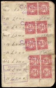 REVENUES: 1932-35 Wages Book (no cover) with an array of Numerals plus Surcharges, also 'WAGES/TAX' Overprints including a few in red, many multiples including 'WAGES/TAX' 3d block of 12 (10 units unmounted) & 4d block of 8 both uncancelled. (250+)