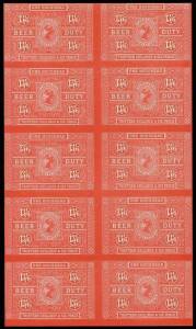 REVENUES: Beer Duty reprinted sheets of 10 (2x5) in red with One Keg (1/3d), One Firkin (2/3d), One Kilderkin (4/6d), Half Hogshead (6/9d), One Barrel (9/-) & One Hogshead (13/6d); also damaged reprint Half Hogshead (6/9d) in purple on white paper block o