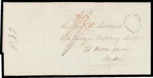 1832 outer to London with an above-average strike of the small oval 'HOBART TOWN/VDL' undated h/s, boxed 'INDIA LETTER/DEAL' b/s, rated "1/-" = 4d India letter + 8d inland, London arrival b/s of 20AU20/1832 in red. Carried per "Auriga", departed Hobart 15